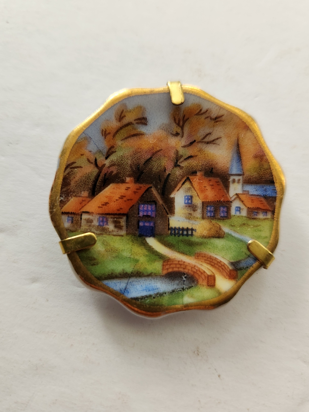 Vintage Limoges Miniature Plates: Hand Painted Fall Scene, Gold Trim with wall